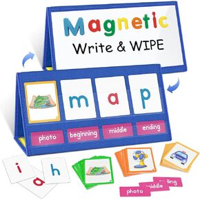 EAMAY CVC Word Building Desktop Pocket Chart Stand with Magnetic Write & Wipe Boards Tent & Cards Kit,Reading Spelling Phonics Games for Kids, Kindergarten Classroom Must Haves!