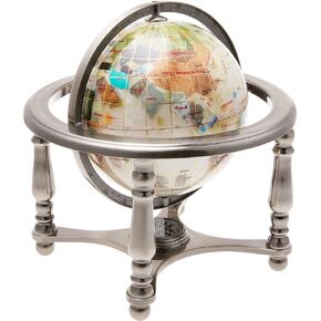 Unique Art 10-Inch Tall Pearl Swirl Ocean Gemstone World Globe with 4 Leg Silver Stand,white