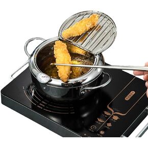 Deep Fryer Pot, 24cm/3.2L Japanese Style Tempura Frying Pot with Lid, Stainless Steel with Temperature Control, and Oil Drip Drainer Rack, for Kitchen French Fries, Chicken, etc