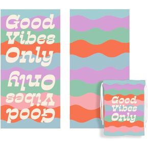 KATYDID Quick Dry Microfiber Beach Towel – 63" x 31" Towels, Cute Summer Vacation Designs – Sand Free, Lightweight, Bonus Drawstring Travel Bag (Good Vibes Repeat)