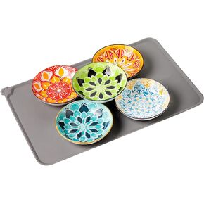 5 Ceramic Cat Bowls with Silicone Cat Mat, 5.5 inch Wide Shallow Cat Food Bowl for Relief Whisker Fatigue