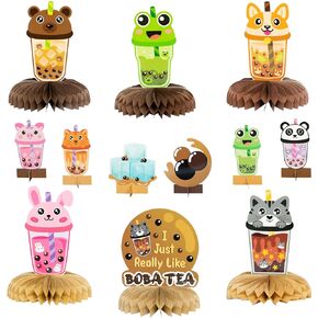 12Pcs Boba Tea Party Honeycomb Table Toppers Centerpieces, I Just really Like Boba Tea Decoration for Party Supplies, Double Side Bubble Milk Tea Decor for Kids Birthday Photo Props Baby Shower