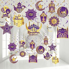 30 Pieces Ramadan Mubarak Decorations, Eid Mubarak Hanging Swirl Shining Gold Star Moon Lantern Ceiling Foil Decor for Eid Al-fitr Party Egyptian Holiday Decorations Supplies (Blue and Gold)