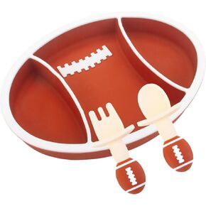 Baby Suction Plate, Silicone Toddler Plate for Kids Baby Weaning Plate Strong Suction Divided Dish with Fork Spoon, BPA Free (Brown Rugby)