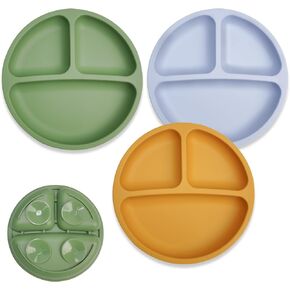 Suction Plates for Babies & Toddlers, 3 Pack Divided Toddler Plates-Food Grade Silicone/BPA Free, Quadruple Suction Non-Slip Design, Baby Led Weaning Supplies, Dishwasher Safe