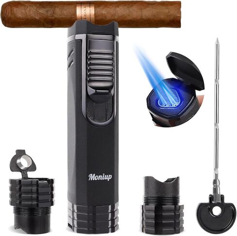 All-in-one Cigar Torch Lighter with Triple Flame, 2 Cigar Holders, Cigar Draw Enhancer, Cigar Punch, Cigar Accessories for Men's Gifts, Refillable Windproof Butane Cool Lighters for Smoking, Candles in Saudi Arabia