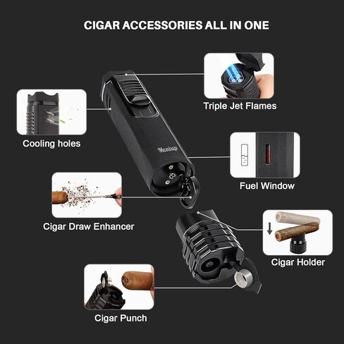 All-in-one Cigar Torch Lighter with Triple Flame, 2 Cigar Holders, Cigar Draw Enhancer, Cigar Punch, Cigar Accessories for Men's Gifts, Refillable Windproof Butane Cool Lighters for Smoking, Candles in Saudi Arabia