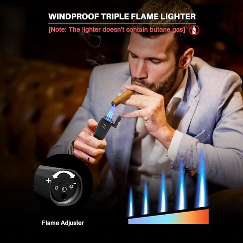 All-in-one Cigar Torch Lighter with Triple Flame, 2 Cigar Holders, Cigar Draw Enhancer, Cigar Punch, Cigar Accessories for Men's Gifts, Refillable Windproof Butane Cool Lighters for Smoking, Candles in Saudi Arabia