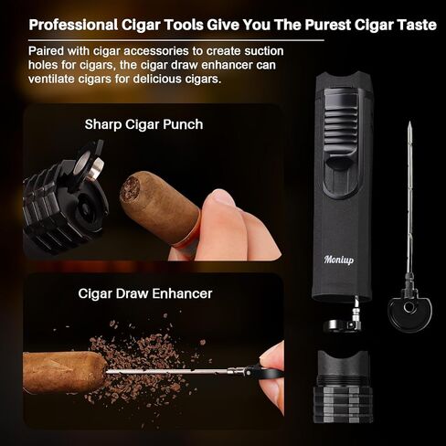 All-in-one Cigar Torch Lighter with Triple Flame, 2 Cigar Holders, Cigar Draw Enhancer, Cigar Punch, Cigar Accessories for Men's Gifts, Refillable Windproof Butane Cool Lighters for Smoking, Candles in Saudi Arabia