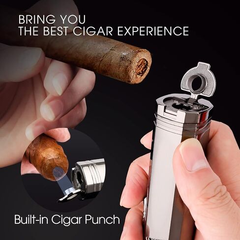 All-in-one Cigar Torch Lighter with Triple Flame, 2 Cigar Holders, Cigar Draw Enhancer, Cigar Punch, Cigar Accessories for Men's Gifts, Refillable Windproof Butane Cool Lighters for Smoking, Candles in Saudi Arabia