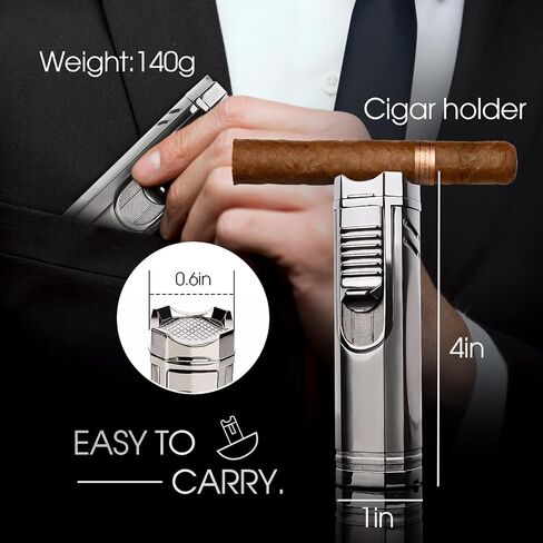 All-in-one Cigar Torch Lighter with Triple Flame, 2 Cigar Holders, Cigar Draw Enhancer, Cigar Punch, Cigar Accessories for Men's Gifts, Refillable Windproof Butane Cool Lighters for Smoking, Candles in Saudi Arabia
