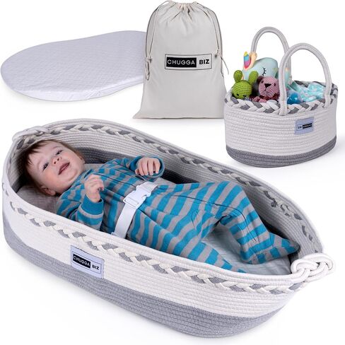 ChuggaBiz Baby Changing Basket for Dresser - Moses Baskets with Cushioned Pad, Safety Strap, Diaper Caddy & Easy-Clean Liner in Saudi Arabia