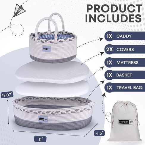 ChuggaBiz Baby Changing Basket for Dresser - Moses Baskets with Cushioned Pad, Safety Strap, Diaper Caddy & Easy-Clean Liner in Saudi Arabia