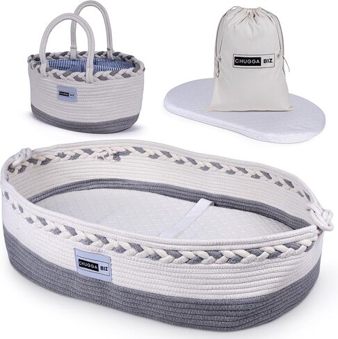 ChuggaBiz Baby Changing Basket for Dresser - Moses Baskets with Cushioned Pad, Safety Strap, Diaper Caddy & Easy-Clean Liner in Saudi Arabia