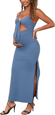 Bhome Sleeveless Maternity Baby Shower Dress Spaghetti Straps with Tie Knot Cut-Out Side Slit Ribbed Pregnant Dress in Saudi Arabia