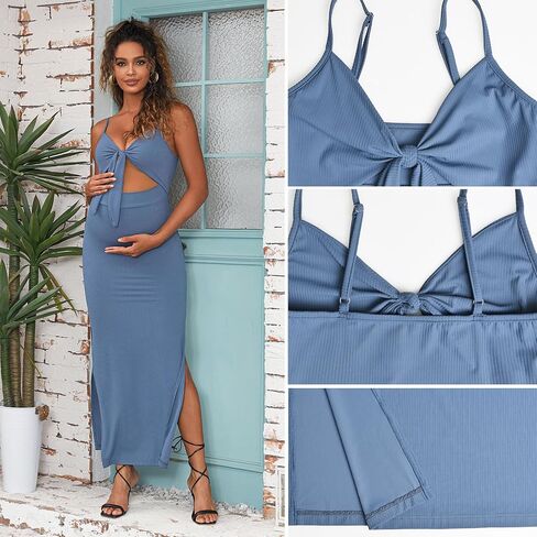 Bhome Sleeveless Maternity Baby Shower Dress Spaghetti Straps with Tie Knot Cut-Out Side Slit Ribbed Pregnant Dress in Saudi Arabia