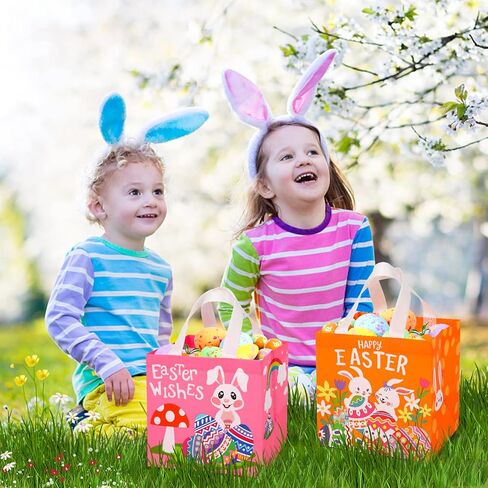 أكياس صيد بيض عيد الفصح للأطفال، 12 عبوة من حقائب هدايا غير منسوجة قابلة لإعادة الاستخدام مع مقابض وحقائب هدايا للحفلات in Kuwait