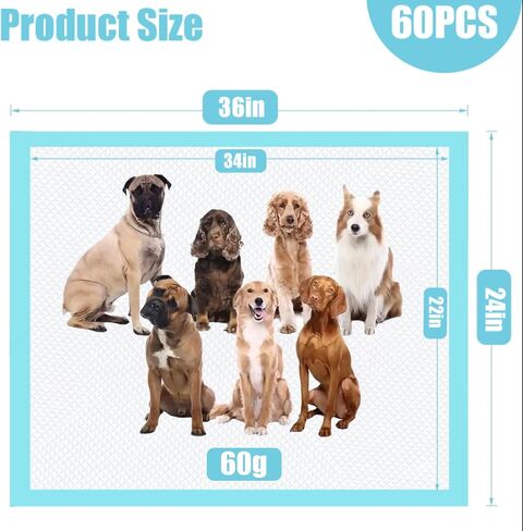 60 قطعة من وسادات تبول الكلاب الكبيرة جدًا مقاس 60.96 سم × 91.44 سم، وسادات تبول للكلاب مكونة من 6 طبقات للتدريب على المرحاض مع تصميم سريع الجفاف مانع للتسرب، وسادات تدريب الحيوانات الأليفة للاستعمال مرة واحدة للكلاب والقطط والأرنب in Kuwait