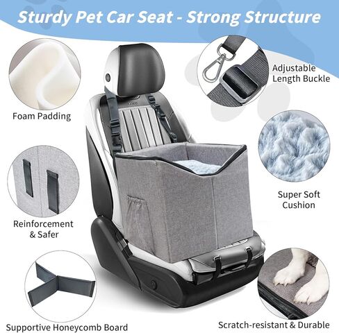 Dog Car Seat, Elevated Dog Booster Car Seats for Small Medium Dogs Under 25lbs, Pet Car Seat Dog Travel with Portable Storage Bag, Soft Cushion and Safety Leash - Grey in Kuwait