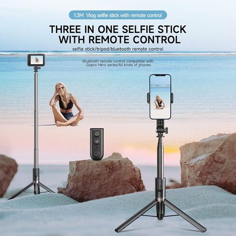 TELESIN 51.2 بوصة/1.3 متر حامل ثلاثي القوائم طويل مع جهاز تحكم عن بعد، تمديد من الألومنيوم Vlog Pole Monopod مع مشبك حامل الهاتف لـ GoPro Max Mini Hero 12 11 10 9 8 كاميرات عمل الهاتف المحمول in Saudi Arabia