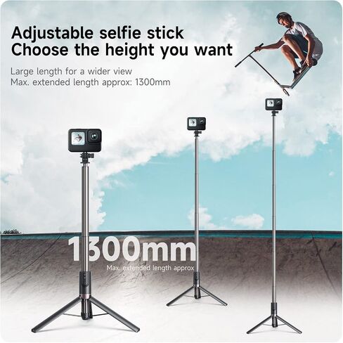 TELESIN 51.2 بوصة/1.3 متر حامل ثلاثي القوائم طويل مع جهاز تحكم عن بعد، تمديد من الألومنيوم Vlog Pole Monopod مع مشبك حامل الهاتف لـ GoPro Max Mini Hero 12 11 10 9 8 كاميرات عمل الهاتف المحمول in Saudi Arabia