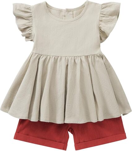 SYNPOS طفل رضيع الفتيات وتتسابق مجموعة ملابس أنيقة القطن الكتان كشكش الرسن فساتين بلا أكمام الاطفال الصيف فستان الشمس in Kuwait