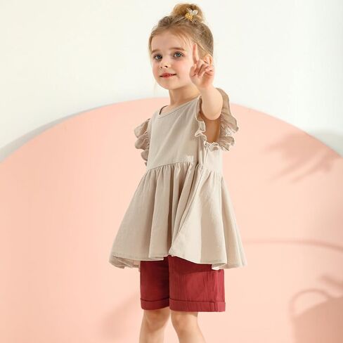 SYNPOS طفل رضيع الفتيات وتتسابق مجموعة ملابس أنيقة القطن الكتان كشكش الرسن فساتين بلا أكمام الاطفال الصيف فستان الشمس in Kuwait