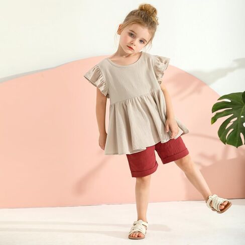 SYNPOS طفل رضيع الفتيات وتتسابق مجموعة ملابس أنيقة القطن الكتان كشكش الرسن فساتين بلا أكمام الاطفال الصيف فستان الشمس in Kuwait