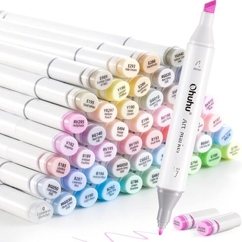 Ohuhu Alcohol Markers 48 Pastel Colors- Double Tipped Art Marker Set for Artists Adults Coloring Sketching Illustration - Chisel & Fine Dual Tips - Oahu of Ohuhu Markers - Alcohol-based Refillable Ink in Saudi Arabia