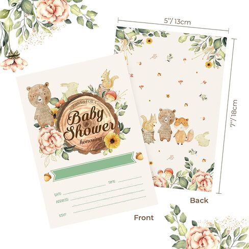 دعوات استحمام الطفل من وودلاند، 20 دعوة مع 20 ظرفًا، 20 بطاقة يانصيب للحفاضات، 20 بطاقة طلب كتاب استحمام الطفل، موضوع الغابة، مخلوقات الغابة، الدب الغزلان، الأرنب، الموظ، الراكون، 20 ملء الدعوات والمغلفات in Kuwait