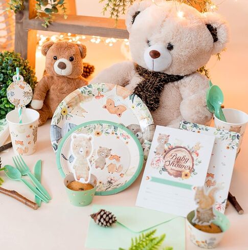 دعوات استحمام الطفل من وودلاند، 20 دعوة مع 20 ظرفًا، 20 بطاقة يانصيب للحفاضات، 20 بطاقة طلب كتاب استحمام الطفل، موضوع الغابة، مخلوقات الغابة، الدب الغزلان، الأرنب، الموظ، الراكون، 20 ملء الدعوات والمغلفات in Kuwait