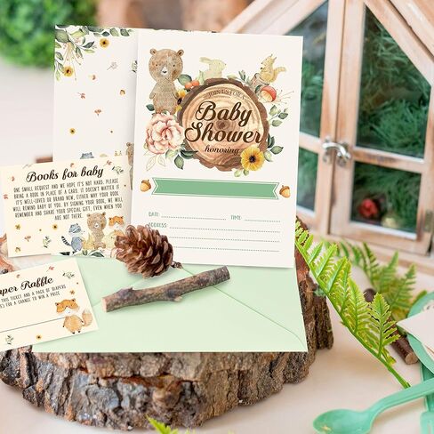 دعوات استحمام الطفل من وودلاند، 20 دعوة مع 20 ظرفًا، 20 بطاقة يانصيب للحفاضات، 20 بطاقة طلب كتاب استحمام الطفل، موضوع الغابة، مخلوقات الغابة، الدب الغزلان، الأرنب، الموظ، الراكون، 20 ملء الدعوات والمغلفات in Kuwait