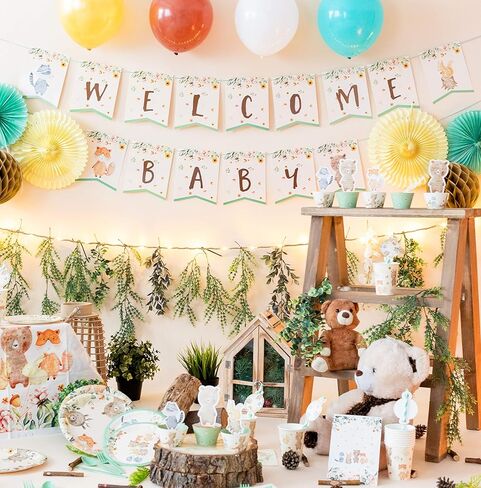 دعوات استحمام الطفل من وودلاند، 20 دعوة مع 20 ظرفًا، 20 بطاقة يانصيب للحفاضات، 20 بطاقة طلب كتاب استحمام الطفل، موضوع الغابة، مخلوقات الغابة، الدب الغزلان، الأرنب، الموظ، الراكون، 20 ملء الدعوات والمغلفات in Kuwait