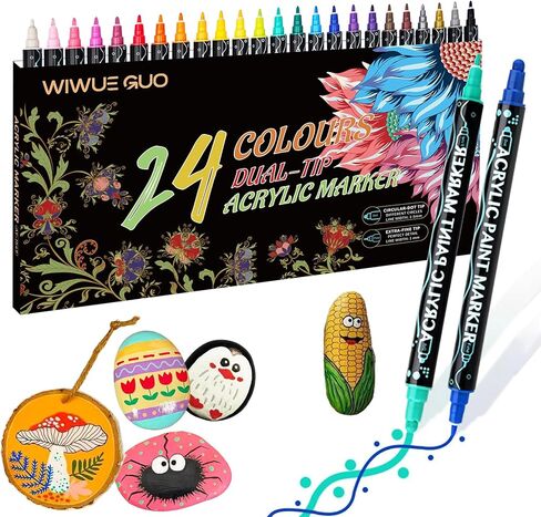 أقلام طلاء أكريليك 24 لونًا من WIWUE GUO، علامات طلاء أكريليك ذات طرف مزدوج مع طرف فرشاة وطرف رفيع، أقلام أكريليك للرسم الصخري، الخشب، الزجاج، السيراميك، القماش، الحرف اليدوية لصناعة اللوازم الفنية in Kuwait