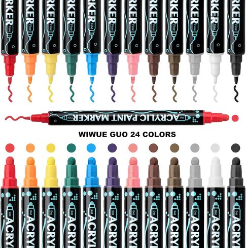 أقلام طلاء أكريليك 24 لونًا من WIWUE GUO، علامات طلاء أكريليك ذات طرف مزدوج مع طرف فرشاة وطرف رفيع، أقلام أكريليك للرسم الصخري، الخشب، الزجاج، السيراميك، القماش، الحرف اليدوية لصناعة اللوازم الفنية in Kuwait