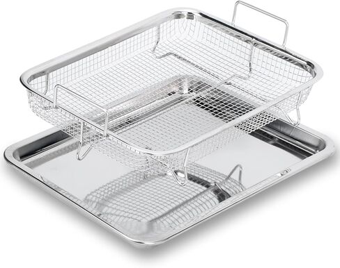 سلة مقلاة هوائية من الفولاذ المقاوم للصدأ مقاس 13 × 9.6 بوصة من Ingcebo للفرن، صينية فرن محمصة، سلة مقلاة هوائية للفرن الحراري، تبريد الخبز، مجموعة من قطعتين للبطاطس المقلية/لحم الخنزير المقدد/الدجاج (فضي) in Kuwait