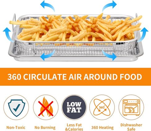 سلة مقلاة هوائية من الفولاذ المقاوم للصدأ مقاس 13 × 9.6 بوصة من Ingcebo للفرن، صينية فرن محمصة، سلة مقلاة هوائية للفرن الحراري، تبريد الخبز، مجموعة من قطعتين للبطاطس المقلية/لحم الخنزير المقدد/الدجاج (فضي) in Kuwait