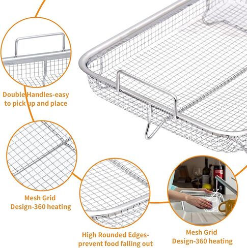 سلة مقلاة هوائية من الفولاذ المقاوم للصدأ مقاس 13 × 9.6 بوصة من Ingcebo للفرن، صينية فرن محمصة، سلة مقلاة هوائية للفرن الحراري، تبريد الخبز، مجموعة من قطعتين للبطاطس المقلية/لحم الخنزير المقدد/الدجاج (فضي) in Kuwait
