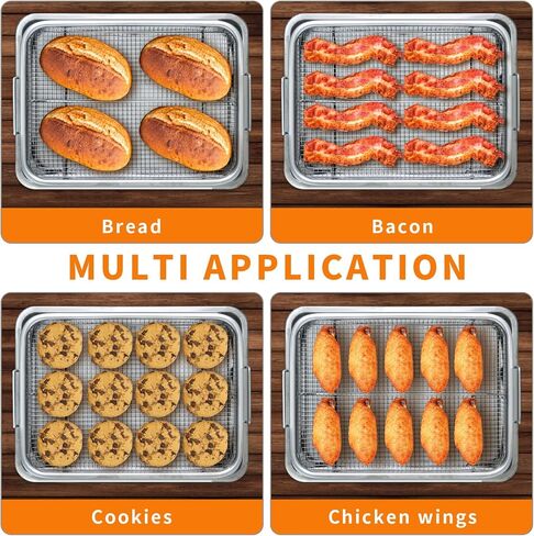 سلة مقلاة هوائية من الفولاذ المقاوم للصدأ مقاس 13 × 9.6 بوصة من Ingcebo للفرن، صينية فرن محمصة، سلة مقلاة هوائية للفرن الحراري، تبريد الخبز، مجموعة من قطعتين للبطاطس المقلية/لحم الخنزير المقدد/الدجاج (فضي) in Kuwait