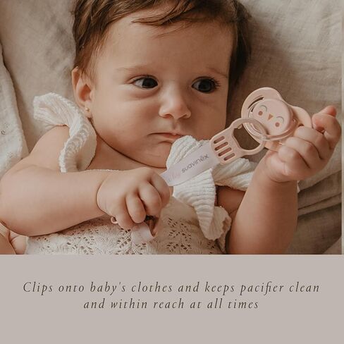 Suavinex Bonhomia Premium Baby Pacifier Clip with Ribbon, Stylish Binky Clips with Double Sided Design, Baby Accessories, Baby Essentials (0mo+), Beige in Saudi Arabia
