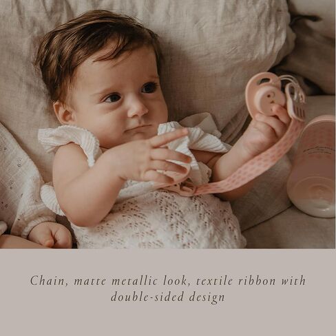 Suavinex Bonhomia Premium Baby Pacifier Clip with Ribbon, Stylish Binky Clips with Double Sided Design, Baby Accessories, Baby Essentials (0mo+), Beige in Saudi Arabia