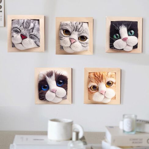 مجموعات التلبيد بالإبرة للمبتدئين، مجموعة أدوات الحياكة لإطارات صور رأس القط - ديكور جميل للقطط وشعر من الصوف للقطط من القطيفة لمشروع الحرف اليدوية DIY لهدايا عيد الميلاد وأعياد الميلاد (D) in Kuwait