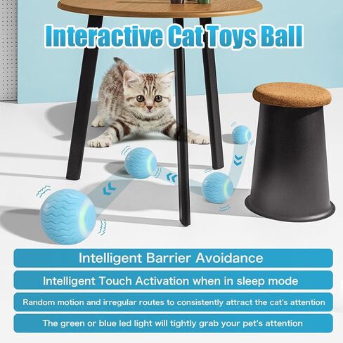 كرات لعبة القطط التفاعلية من ICYAIR، لعبة القطط المتحركة الذكية الأوتوماتيكية للعب الذاتي للقطط الداخلية، كرة دوارة قابلة لإعادة الشحن مع ضوء LED للقطط الصغيرة لممارسة المطاردة (أزرق) in Kuwait