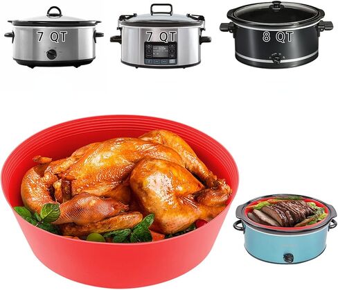 بطانات الطبخ البطيئة تناسب وعاء الفخار من 7 إلى 8 كيو تي، بطانات/أكياس كبيرة الحجم قابلة لإعادة الاستخدام، آمنة للاستخدام في غسالة الأطباق، صواني الطبخ المصنوعة من السيليكون خالية من مادة BPA (قطعتان - أحمر) in Kuwait