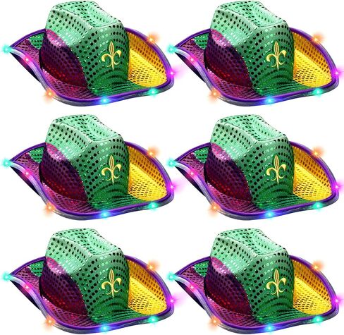 6 قطع من قبعة فيدورا LED المضيئة بالترتر من Mardi Gras، قبعة زي رعاة البقر بالترتر الوامض من Mardi Gras مع ترتر ذهبي أخضر أرجواني لهدايا حفلات Mardi Gras، مقاس 14.96 × 11.42 × 4.33 بوصة in Kuwait