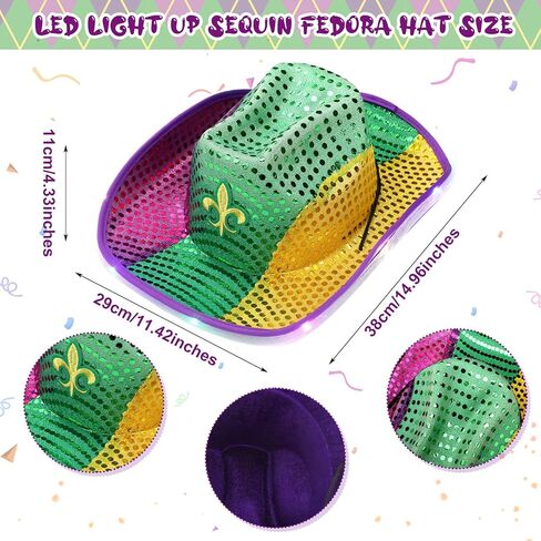 6 قطع من قبعة فيدورا LED المضيئة بالترتر من Mardi Gras، قبعة زي رعاة البقر بالترتر الوامض من Mardi Gras مع ترتر ذهبي أخضر أرجواني لهدايا حفلات Mardi Gras، مقاس 14.96 × 11.42 × 4.33 بوصة in Kuwait
