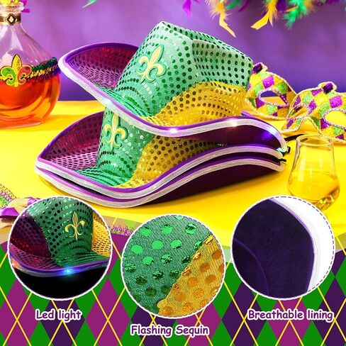 6 قطع من قبعة فيدورا LED المضيئة بالترتر من Mardi Gras، قبعة زي رعاة البقر بالترتر الوامض من Mardi Gras مع ترتر ذهبي أخضر أرجواني لهدايا حفلات Mardi Gras، مقاس 14.96 × 11.42 × 4.33 بوصة in Kuwait