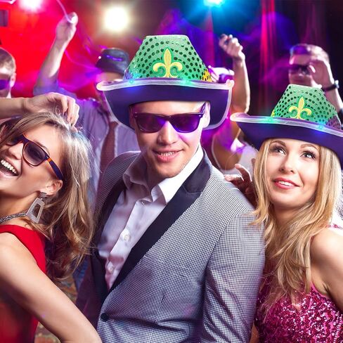 6 قطع من قبعة فيدورا LED المضيئة بالترتر من Mardi Gras، قبعة زي رعاة البقر بالترتر الوامض من Mardi Gras مع ترتر ذهبي أخضر أرجواني لهدايا حفلات Mardi Gras، مقاس 14.96 × 11.42 × 4.33 بوصة in Kuwait