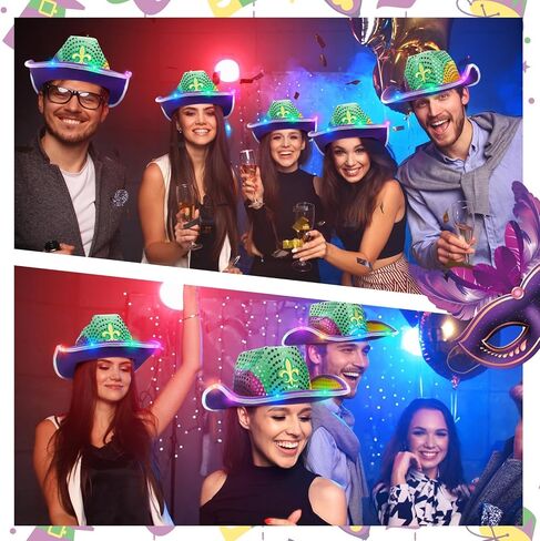 6 قطع من قبعة فيدورا LED المضيئة بالترتر من Mardi Gras، قبعة زي رعاة البقر بالترتر الوامض من Mardi Gras مع ترتر ذهبي أخضر أرجواني لهدايا حفلات Mardi Gras، مقاس 14.96 × 11.42 × 4.33 بوصة in Kuwait