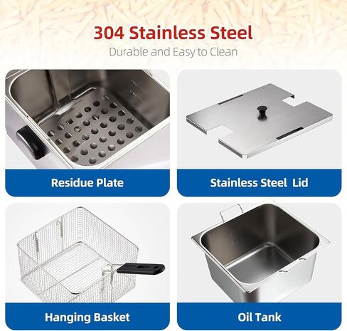 مقلاة عميقة تجارية مع سلة، مقلاة كهربائية عميقة سعة 11 لتر/10 QT، مقلاة زيت ديك رومي من الفولاذ المقاوم للصدأ بسمك 0.6 مم مع خزان واحد، مثالية للاستخدام التجاري أو المنزلي in Kuwait